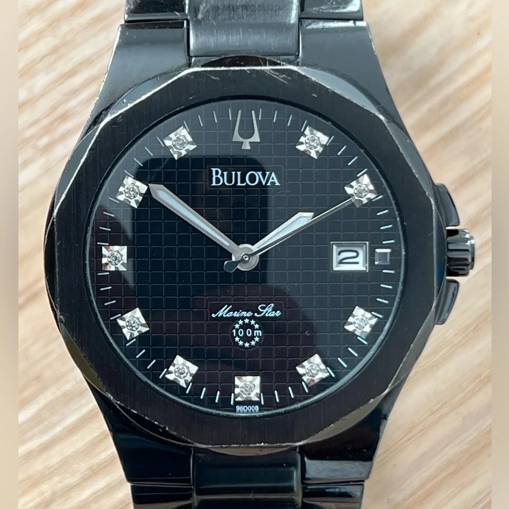 Bulova Marine Star Diamond Men’s Watch Black Dial, Case, Bracelet Date Window